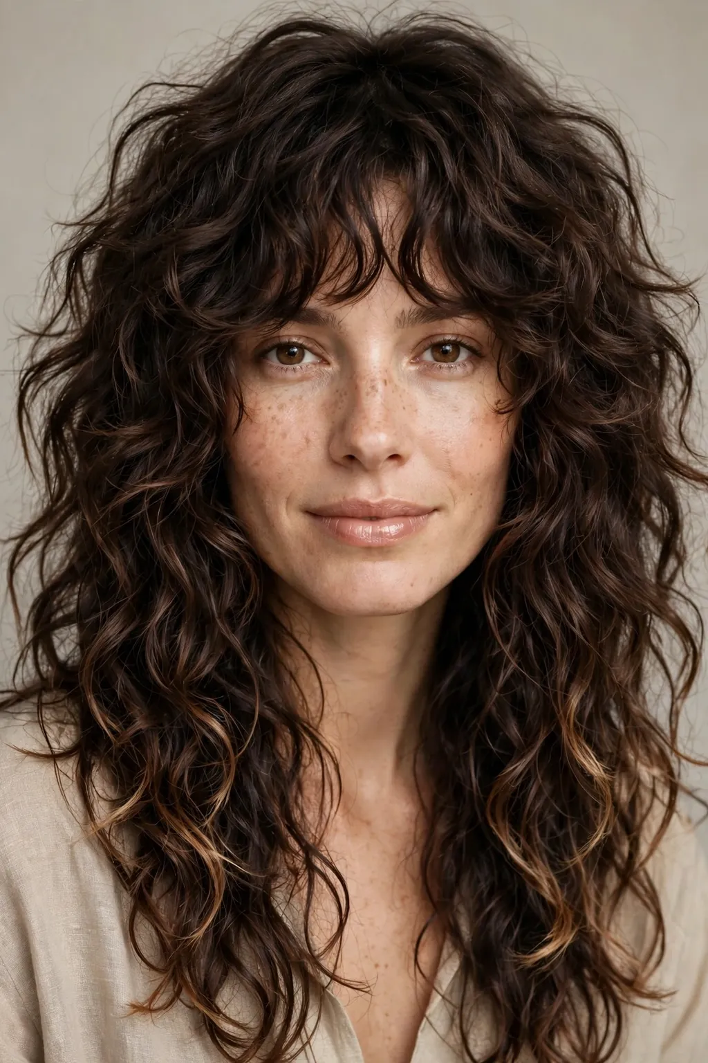 21. Long Shaggy Wolf Cut on Curly Hair