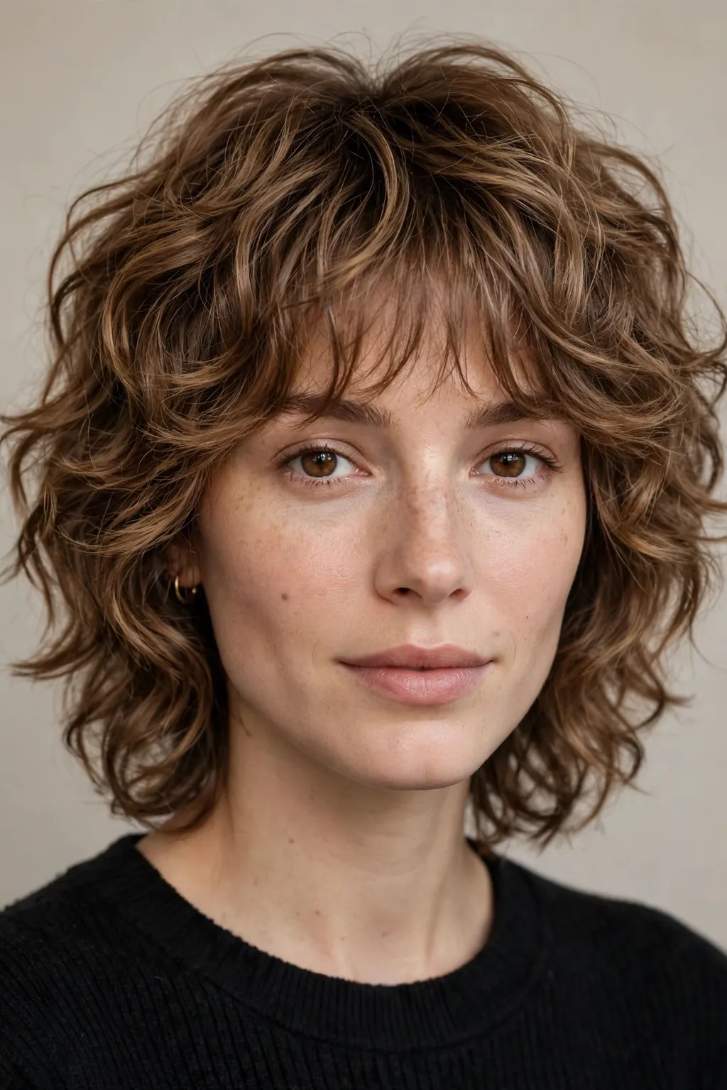 25. Light Brown Curly Wolf Cut with Wispy Bangs
