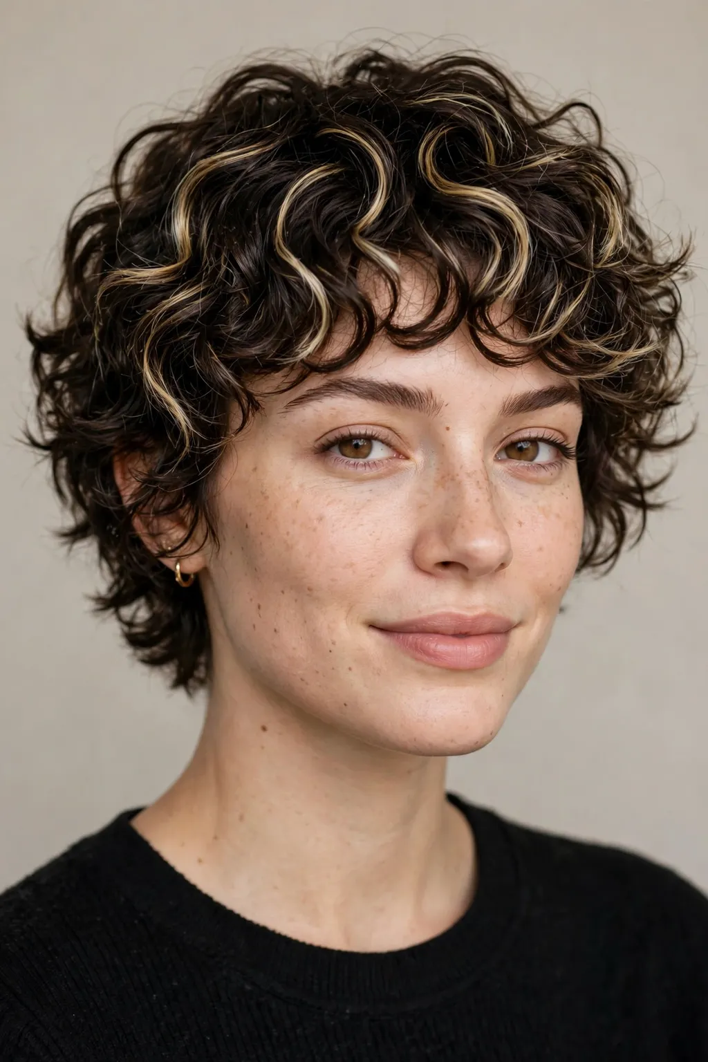 27. Short Curly Wolf Cut with Blonde Balayage