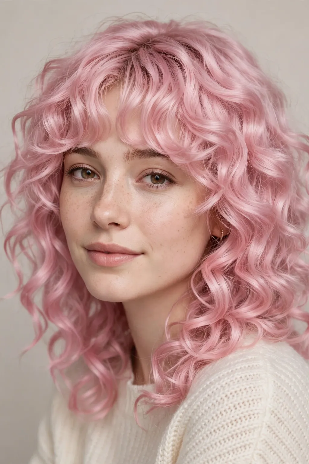 29. Light Pink Curly Wolf Cut with Curtain Bangs