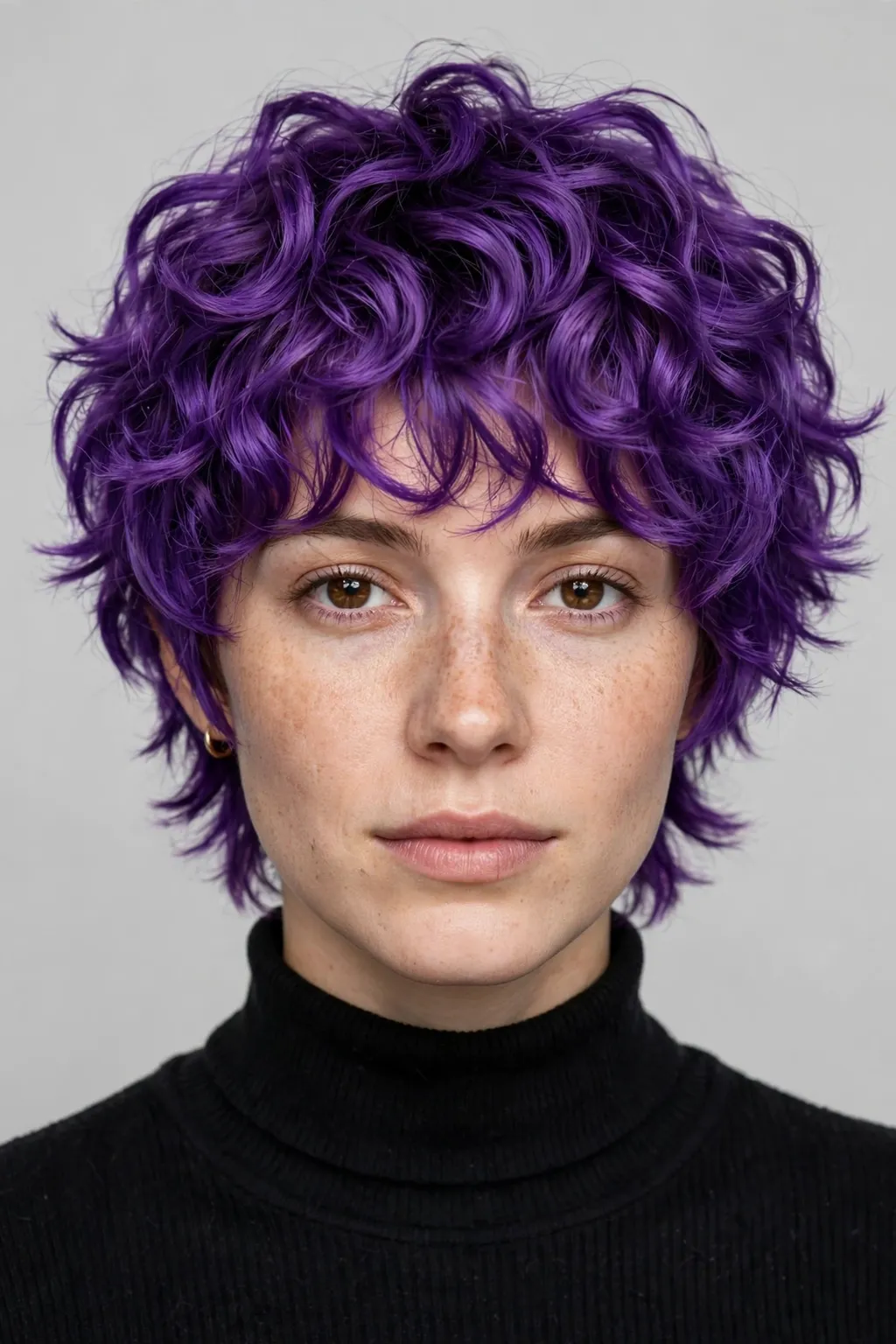 30. Short Wolf Cut on Purple Curly Hair
