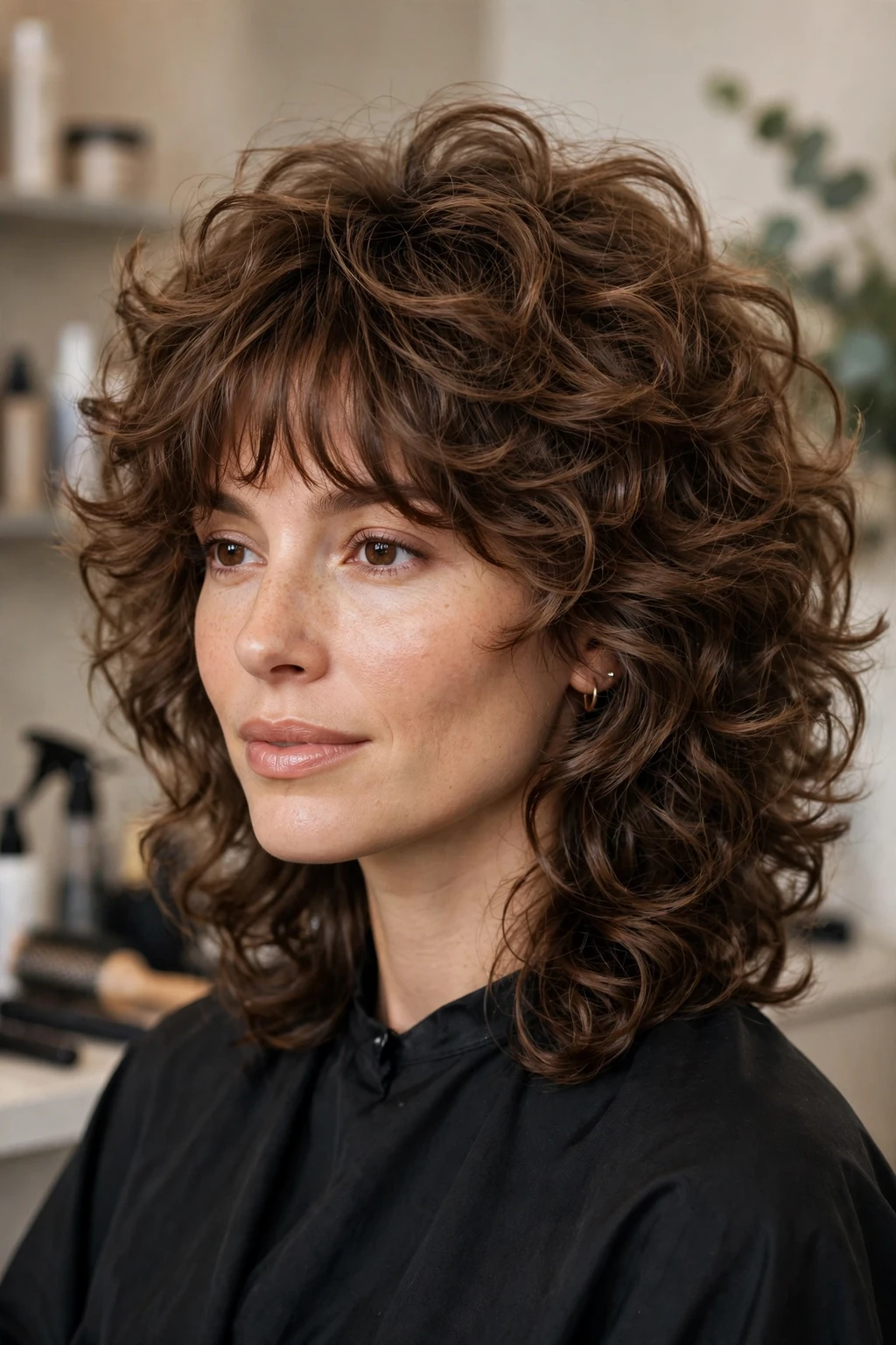 Curly Shag: 15 Cool Ideas to Try 4 2. Fluffy Brown Curly Shag With Wispy Bangs