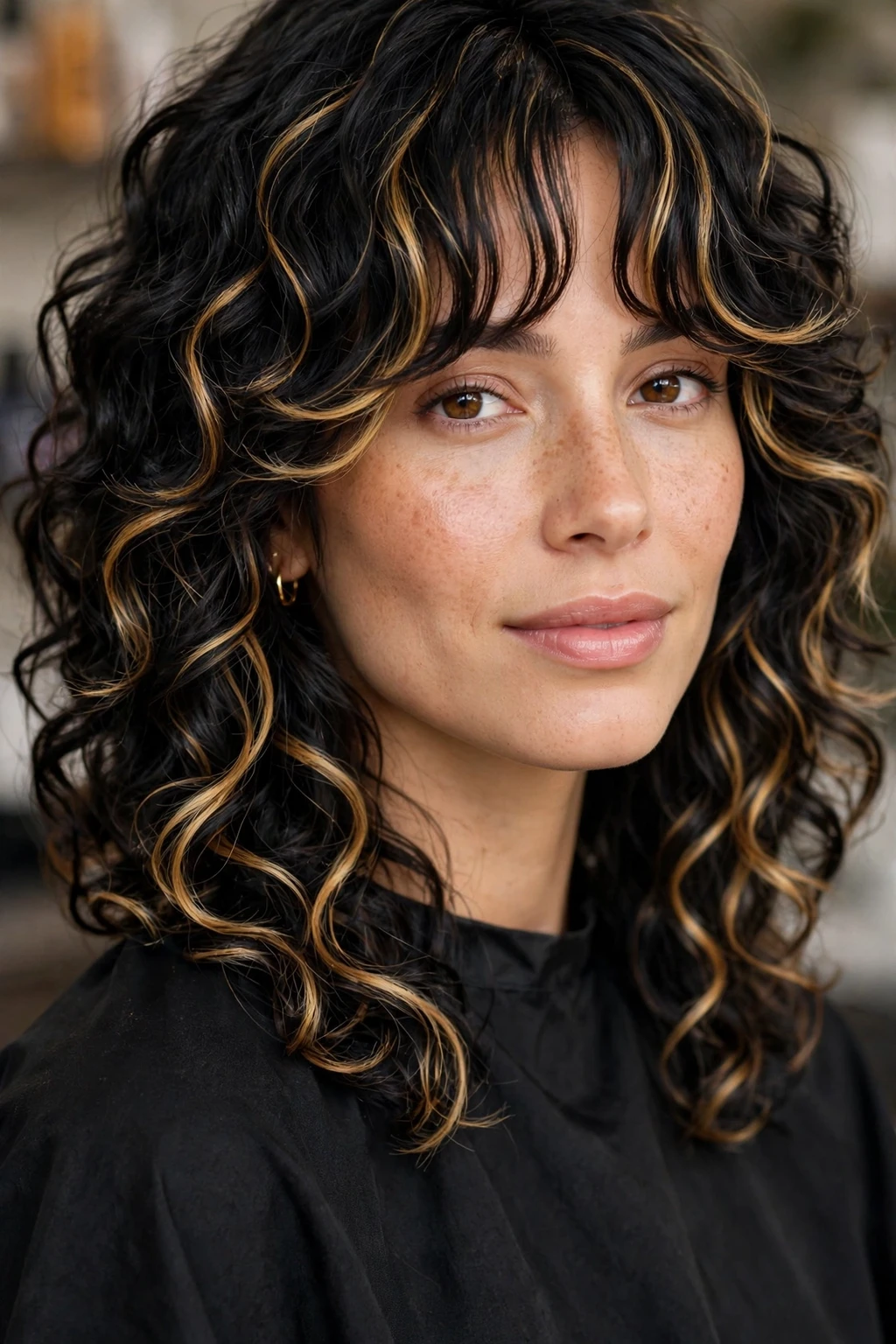 Curly Shag: 15 Cool Ideas to Try 5 3. Black Curly Shag With Golden Highlights and Curtain Bangs
