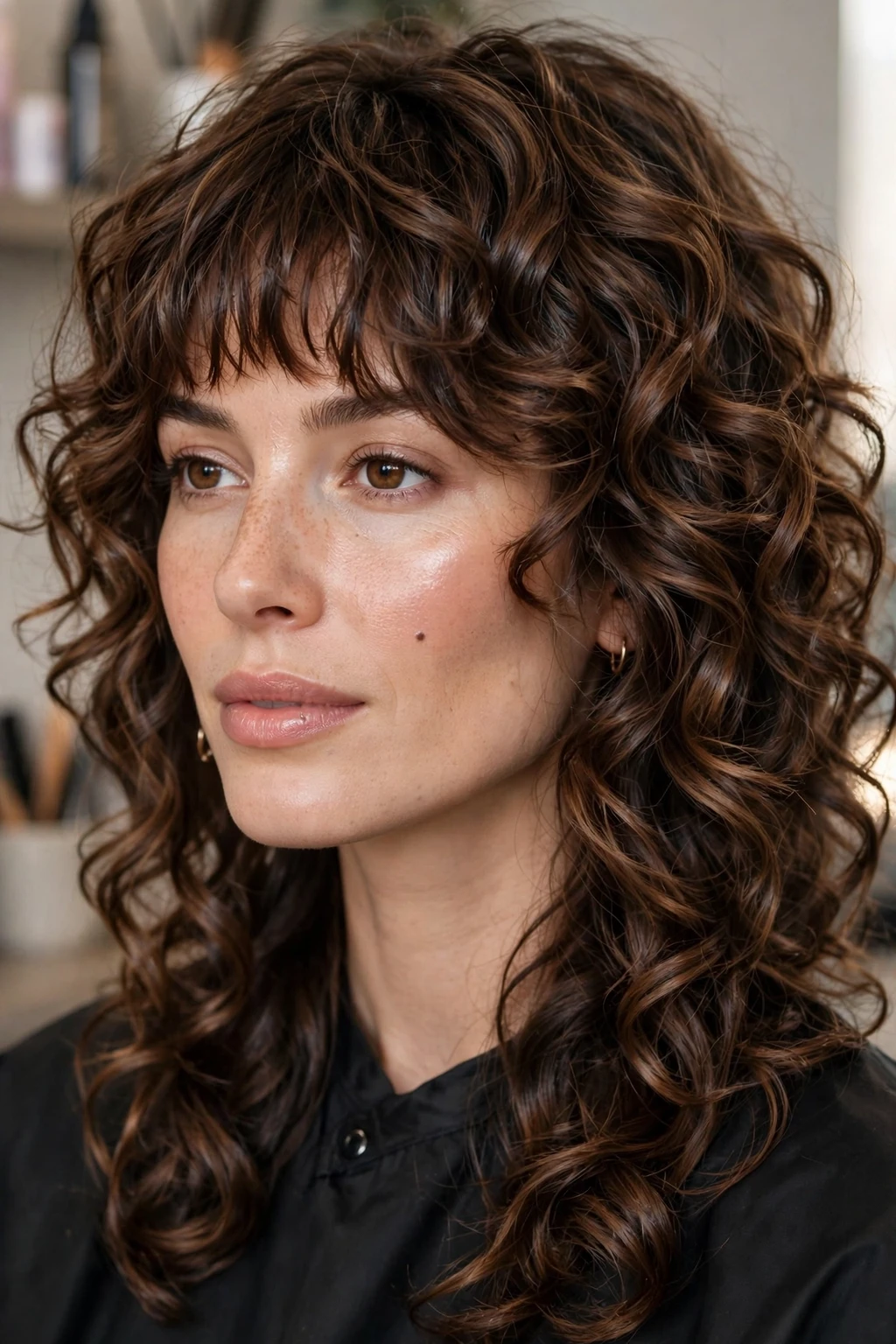Curly Shag: 15 Cool Ideas to Try 6 4. Layered Medium Shag With Spiral Curls and Choppy Bangs