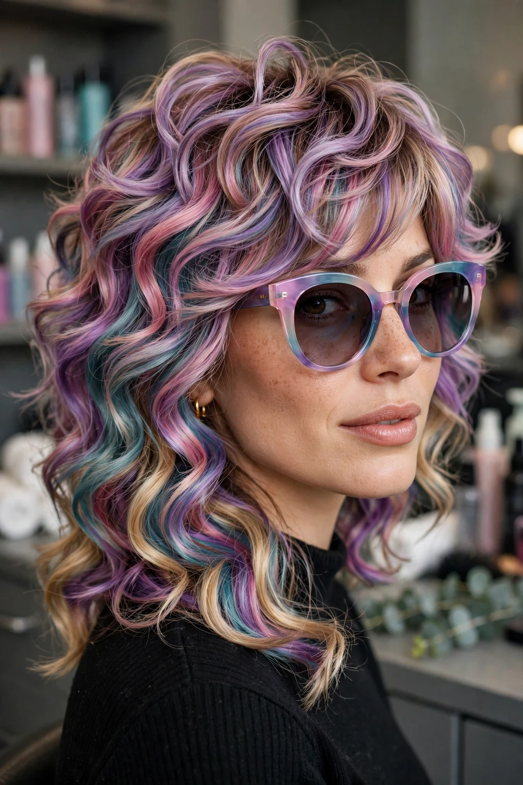 Curly Shag: 15 Cool Ideas to Try 13 11. Multi-Colored Wavy Shag Mullet With Asymmetric Bangs
