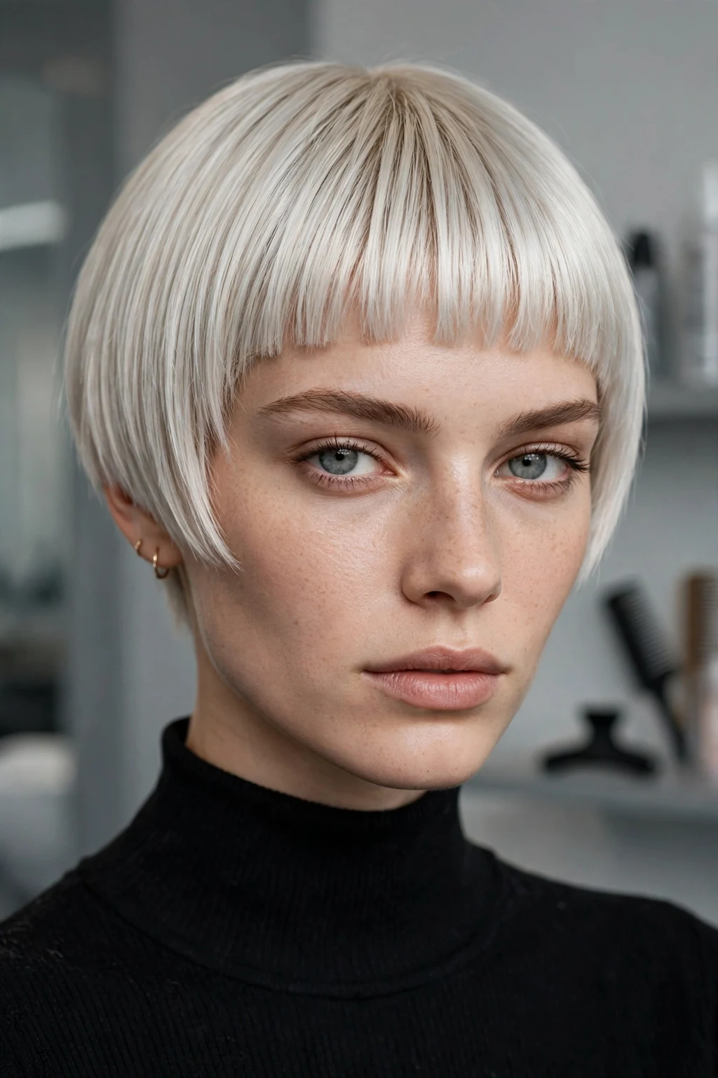 3. Ice Blonde Short Razor Cut Bob With Micro Bangs