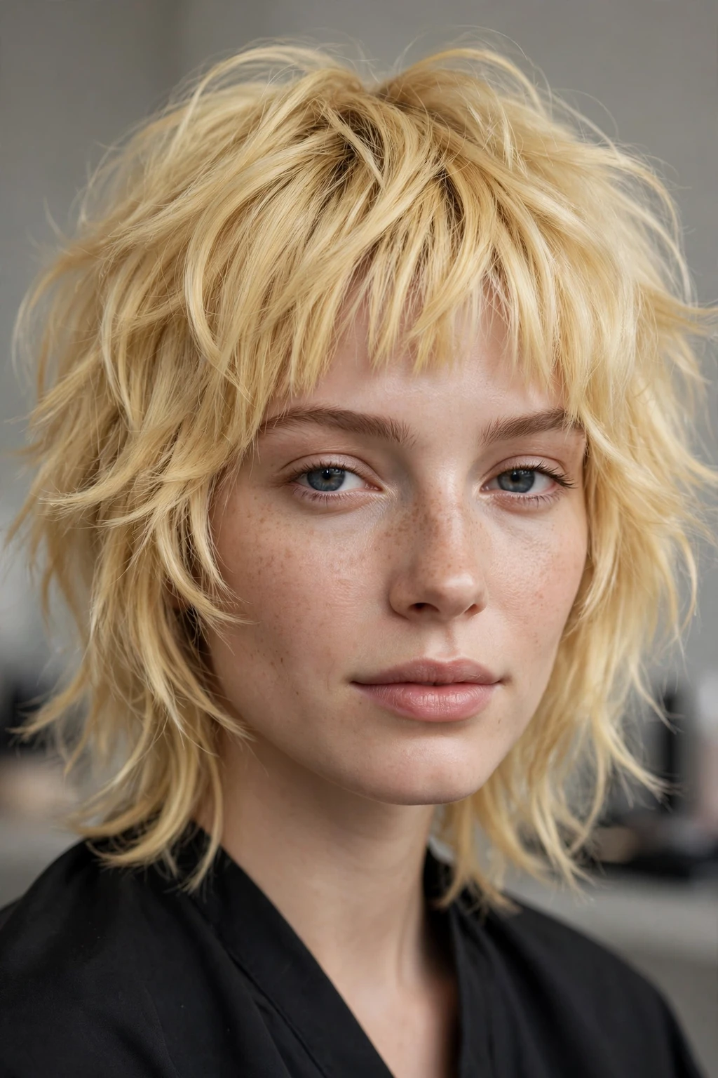 1. Soft Butter-Yellow Disheveled Shag with Blunt Bangs
