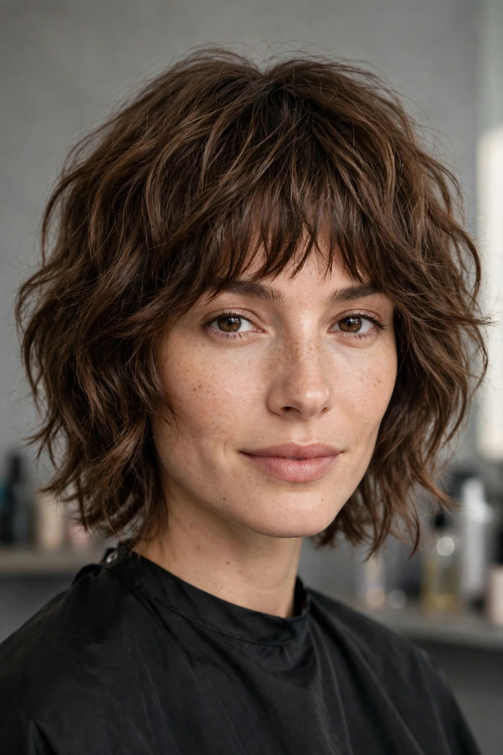 3. Wavy Shear-Cut Shag with Choppy Bangs