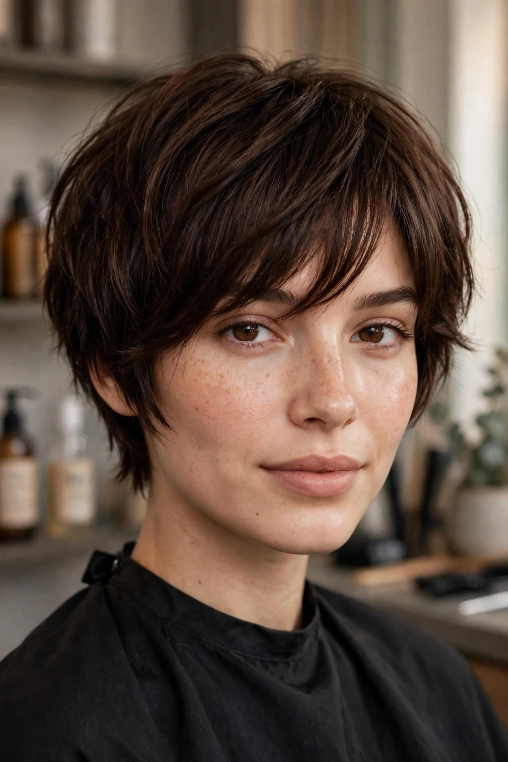 6. Chocolate-Brown Mini Shag with Asymmetric Bangs