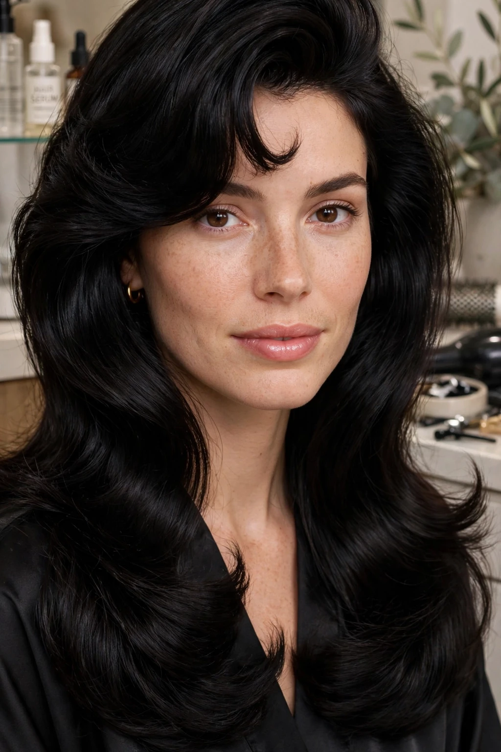 90s Blowout: 15 Chic Ideas to Try 4 2. Sleek Black Blowout with Bottleneck Bangs