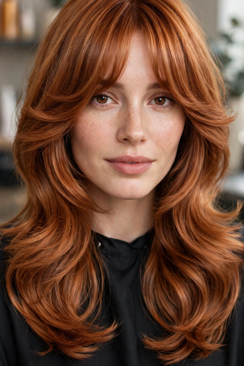 90s Blowout: 15 Chic Ideas to Try 7 5. Copper Butterfly Blowout with Curtain Bangs