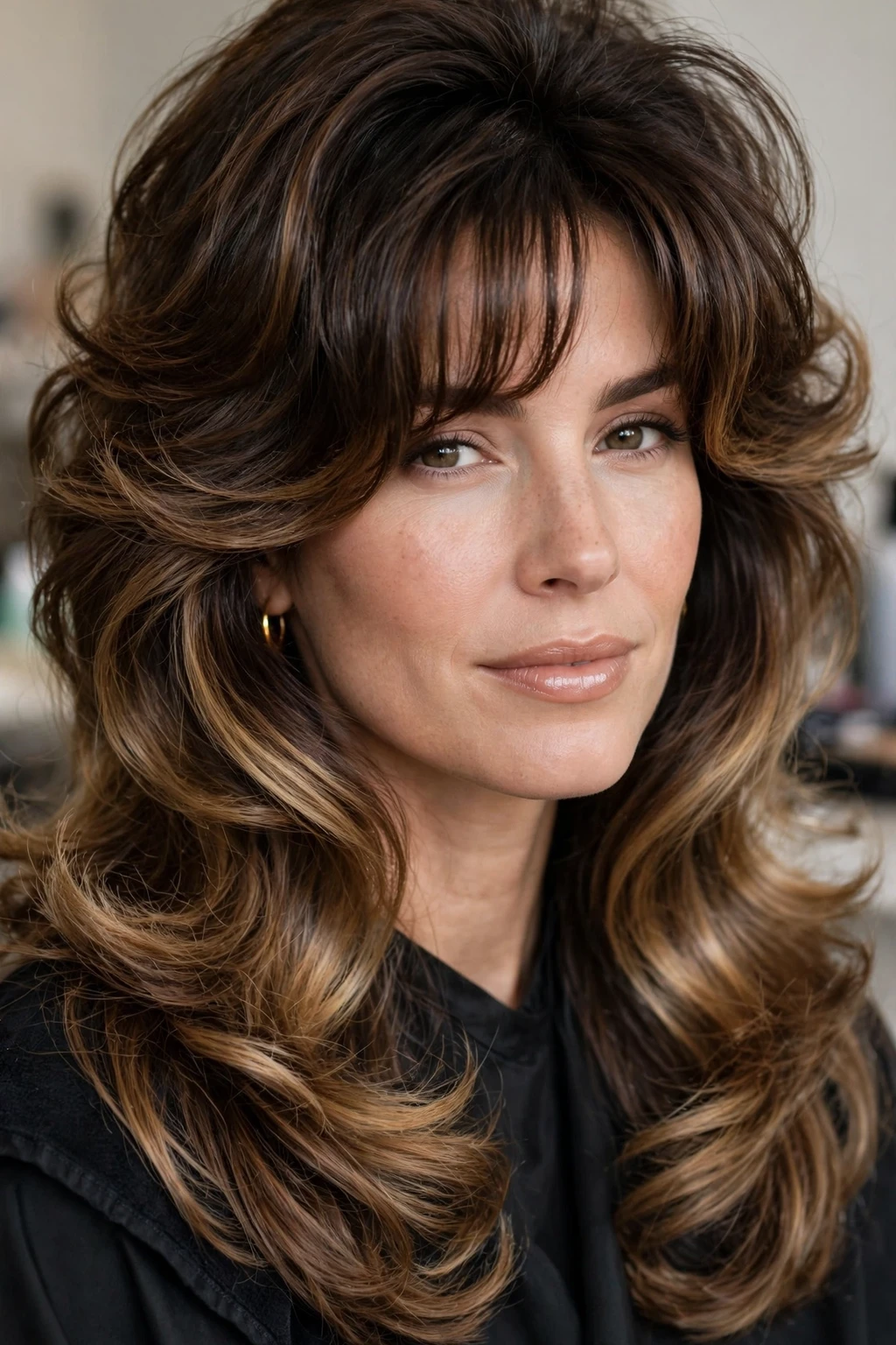 90s Blowout: 15 Chic Ideas to Try 13 11. Brunette Balayage Blowout with Bangs