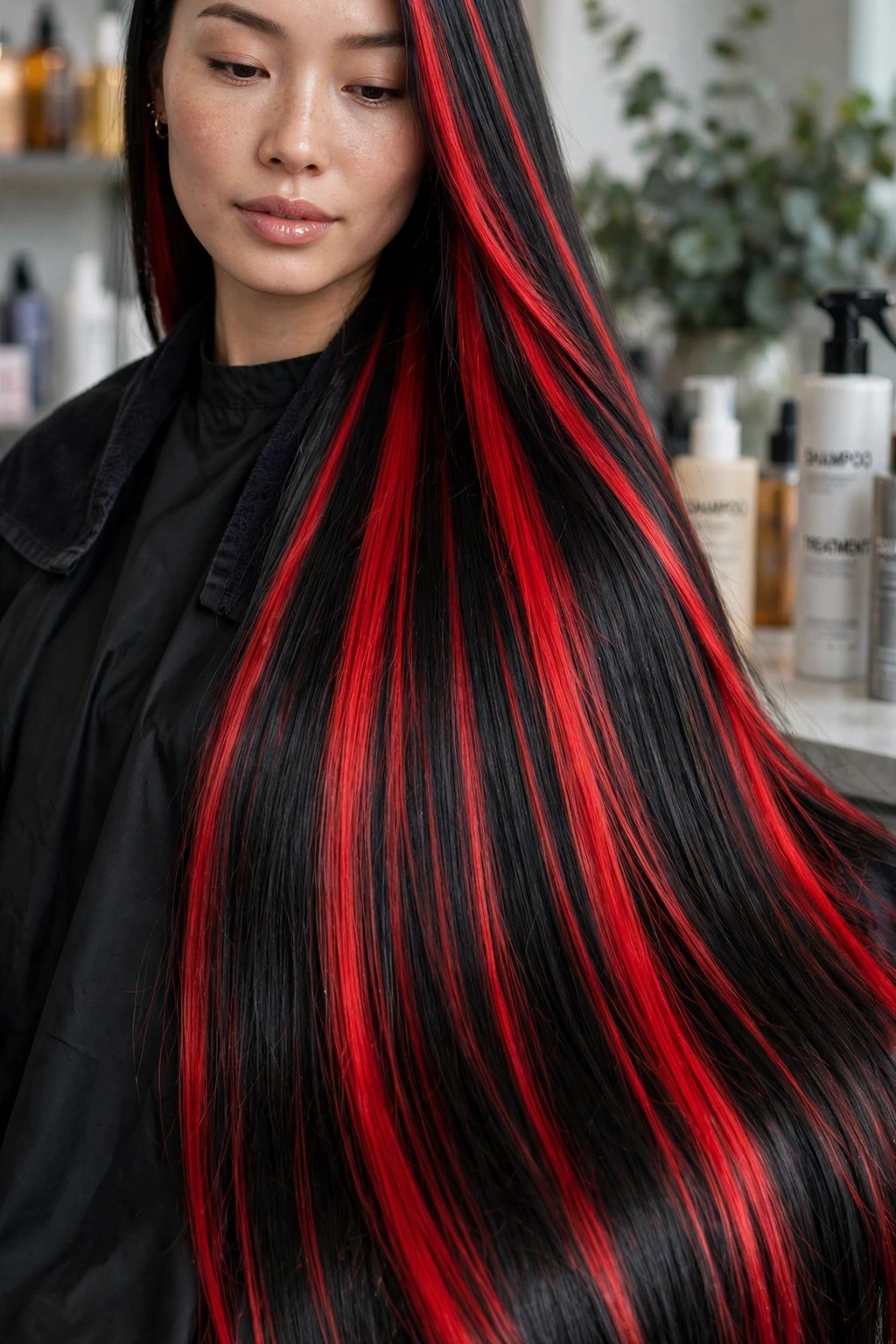 Hairstyles with Streaky Highlights: 15 Chic Ideas to Try 3 1. Long Black Hair with Bright Red Streaks