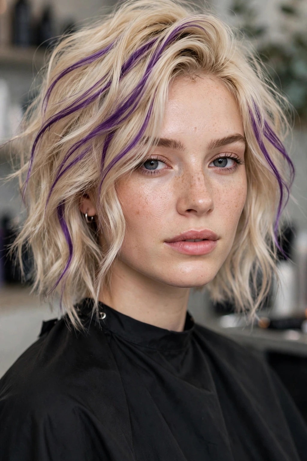 Hairstyles with Streaky Highlights: 15 Chic Ideas to Try 6 4. Tousled Bleached Blonde Hair with Purple Highlights