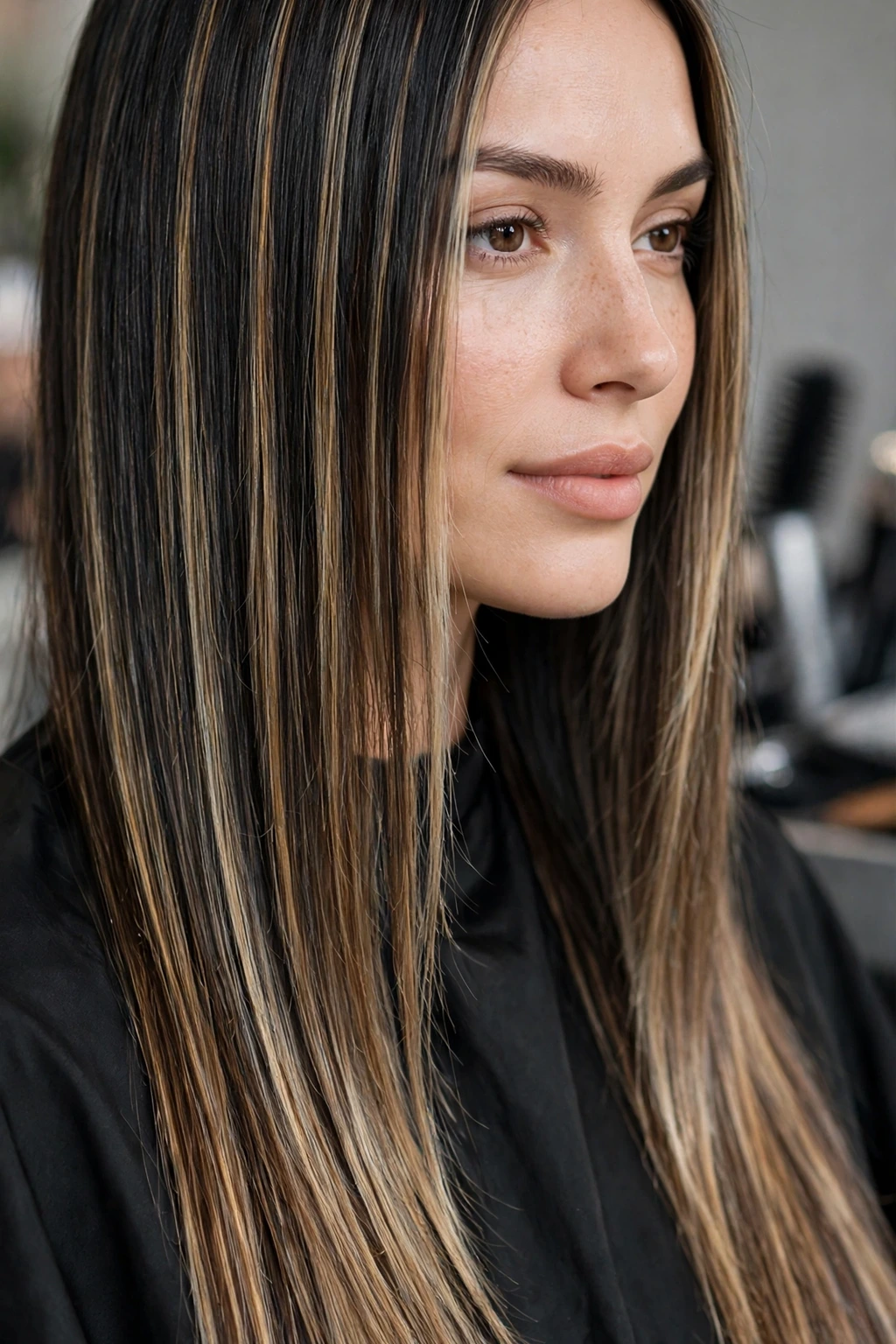 Hairstyles with Streaky Highlights: 15 Chic Ideas to Try 9 7. Long Straight Black Hair with Bronde Highlights