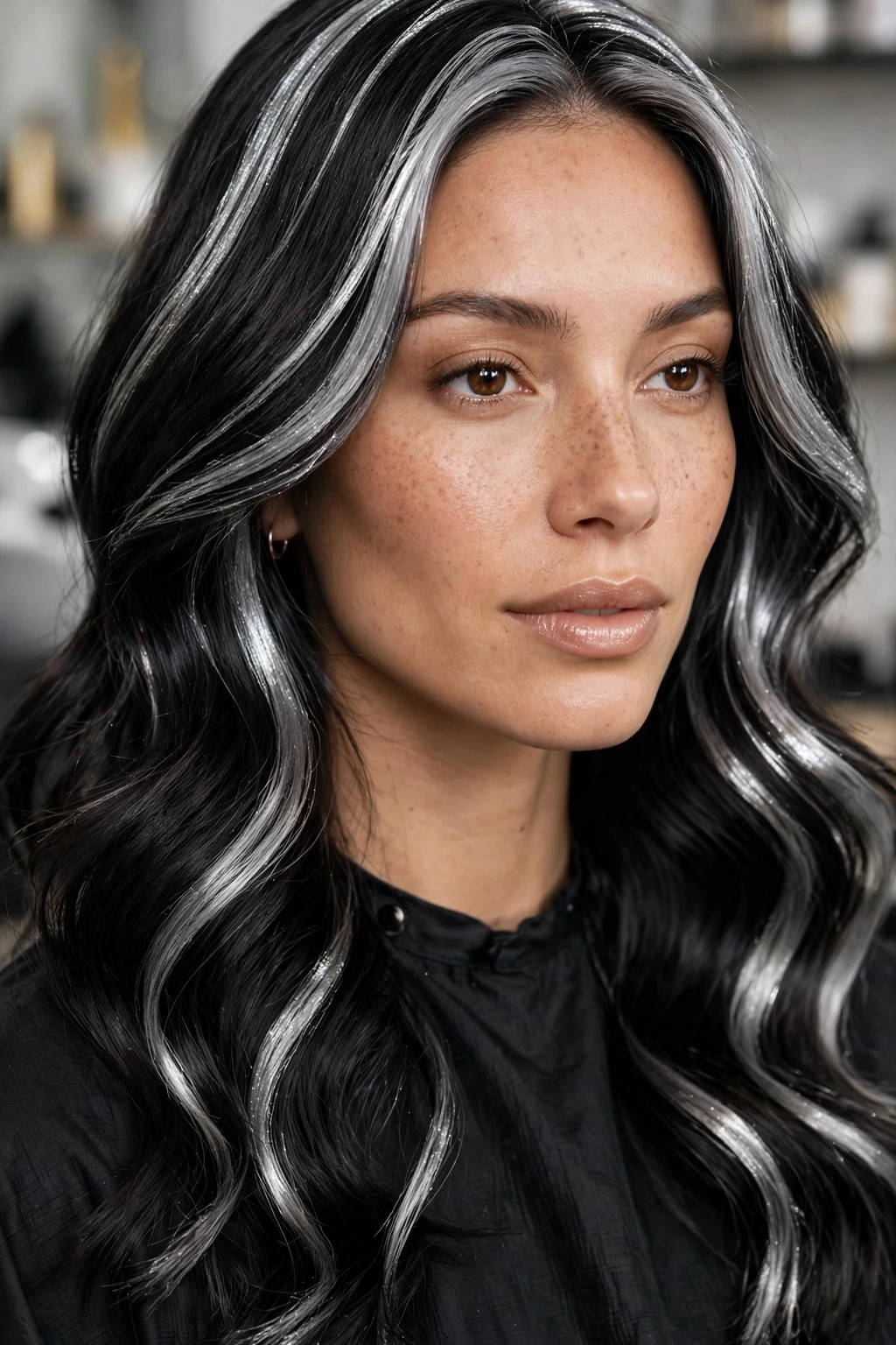 Hairstyles with Streaky Highlights: 15 Chic Ideas to Try 10 8. Silver Streaky Highlights on Wavy Black Hair
