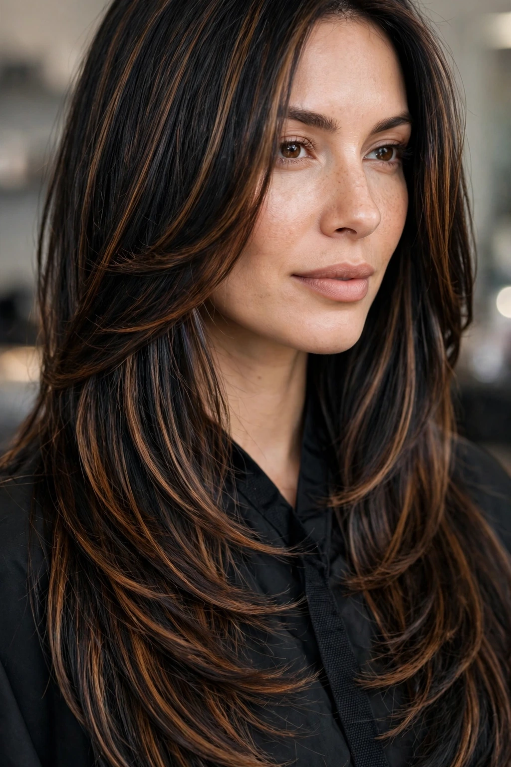 Hairstyles with Streaky Highlights: 15 Chic Ideas to Try 11 9. Long Layered Cut Black Hair with Brown Highlights