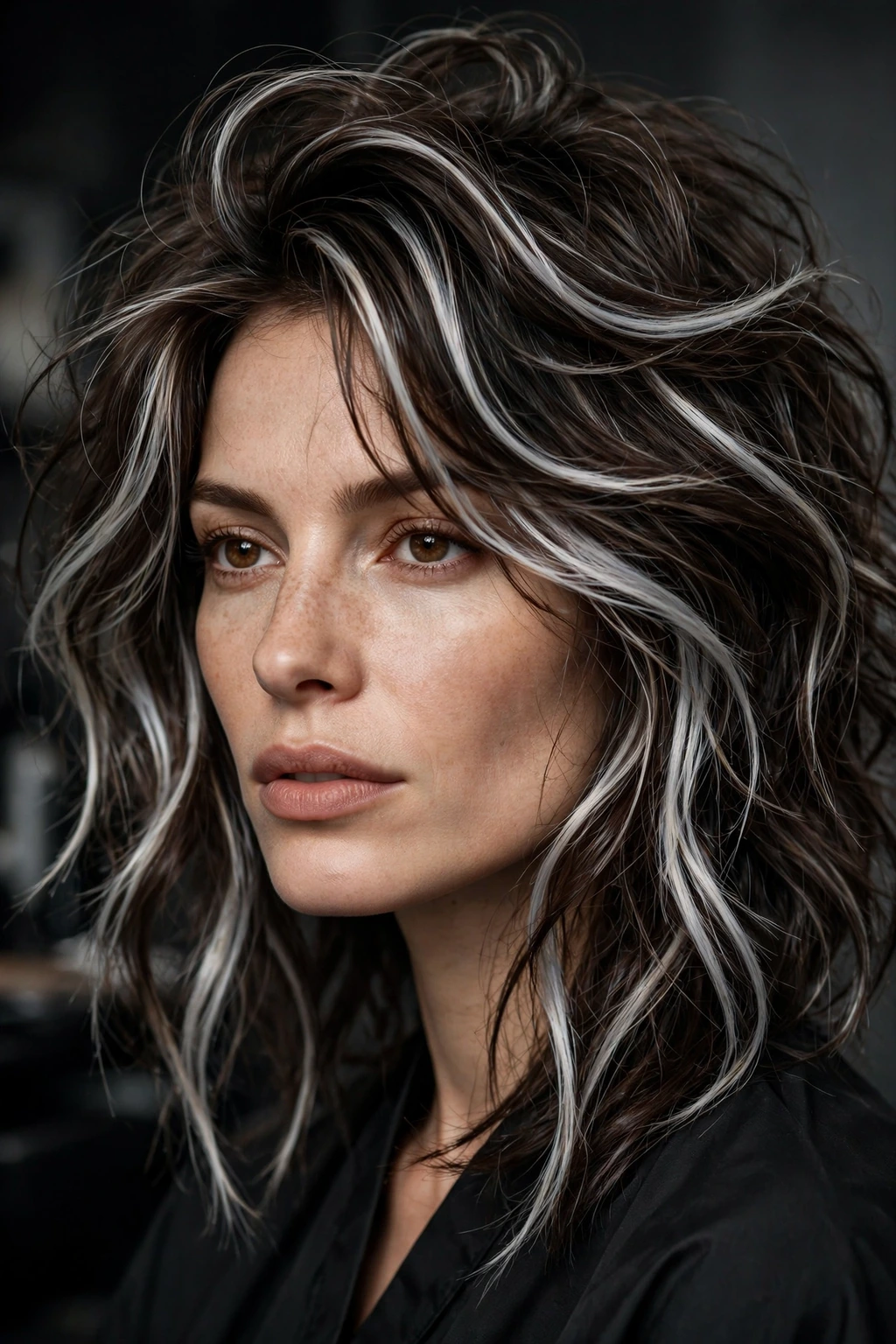 Hairstyles with Streaky Highlights: 15 Chic Ideas to Try 16 14. Messy Tousled Dark Brown Hair with Platinum Streaks