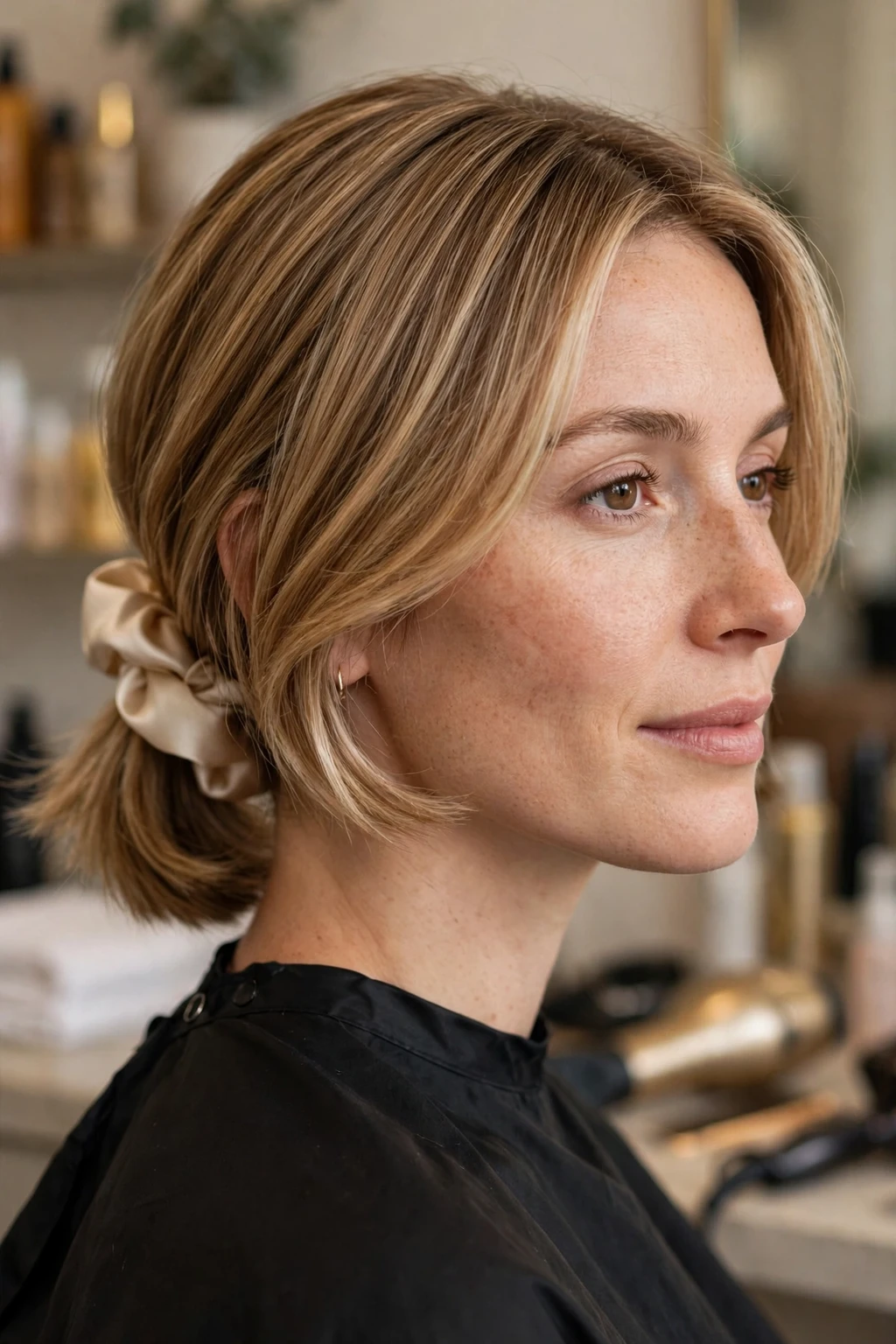 Unique Hairstyles for Short Hair: 17 Chic Ideas to Try 3 1. Parisian-Style Short Bronde Hair Tied with a Scrunchy