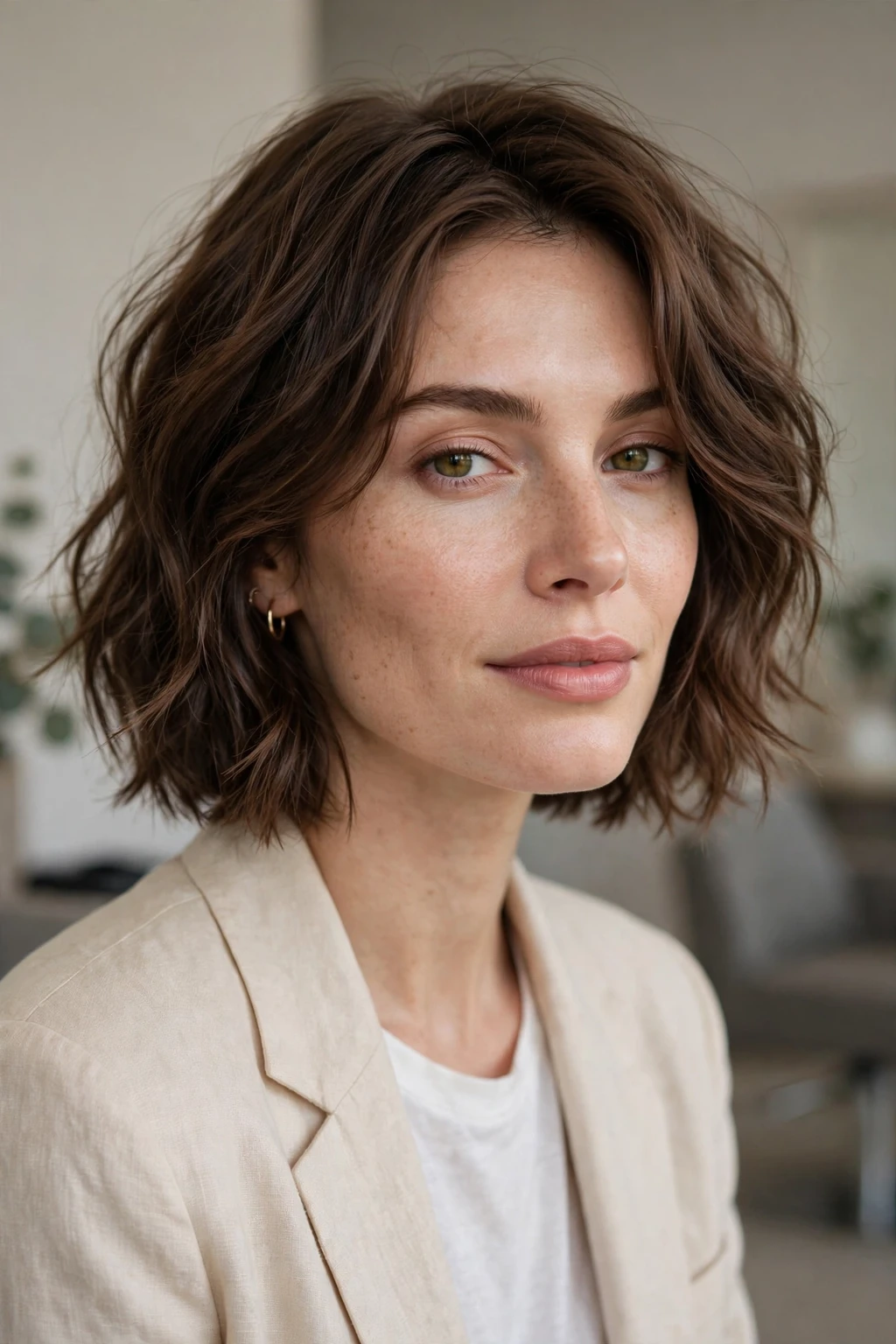 Soft Brown Wavy Choppy Bob