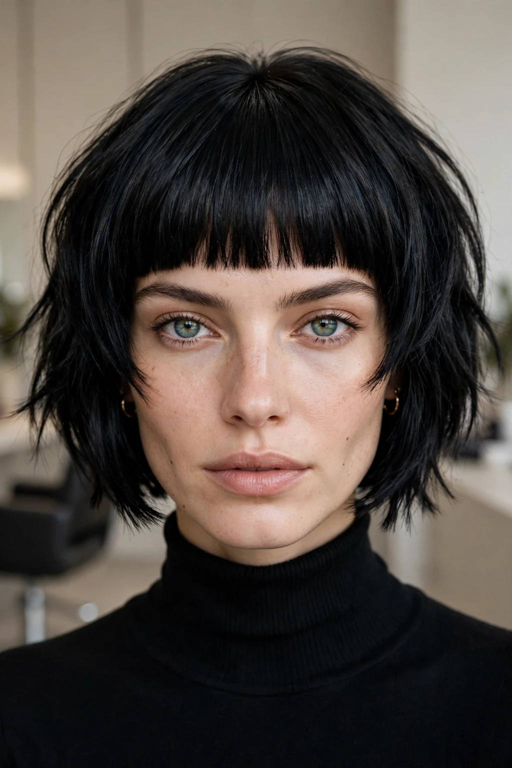 Textured Black Choppy Bob with Blunt Bangs