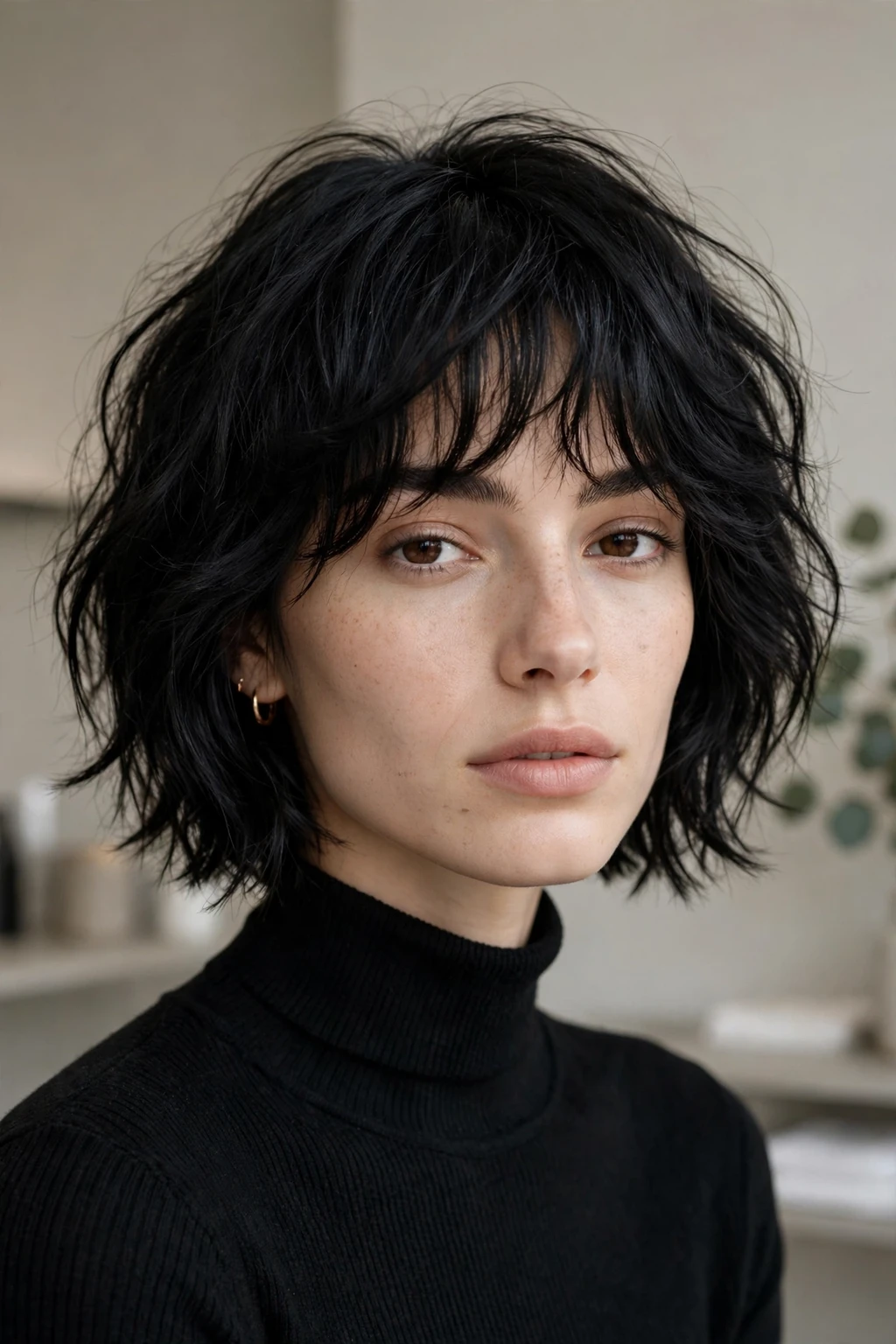 Tousled Black Choppy Bob with Bangs