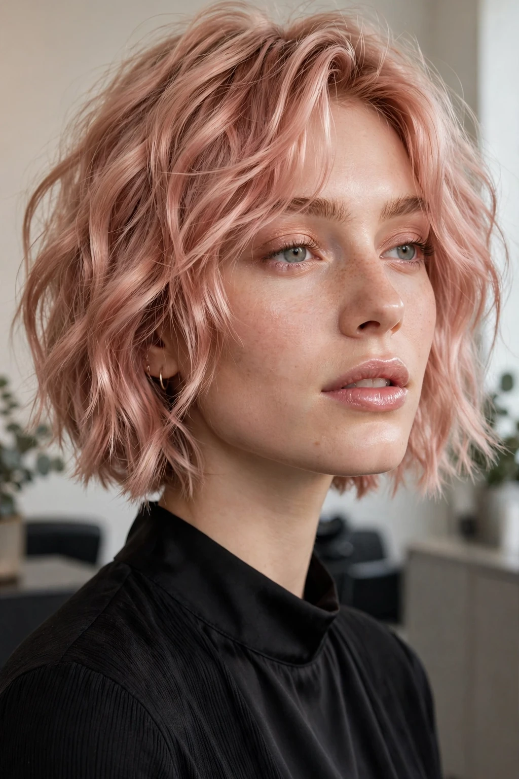 Rosegold Choppy Bob with Messy Waves