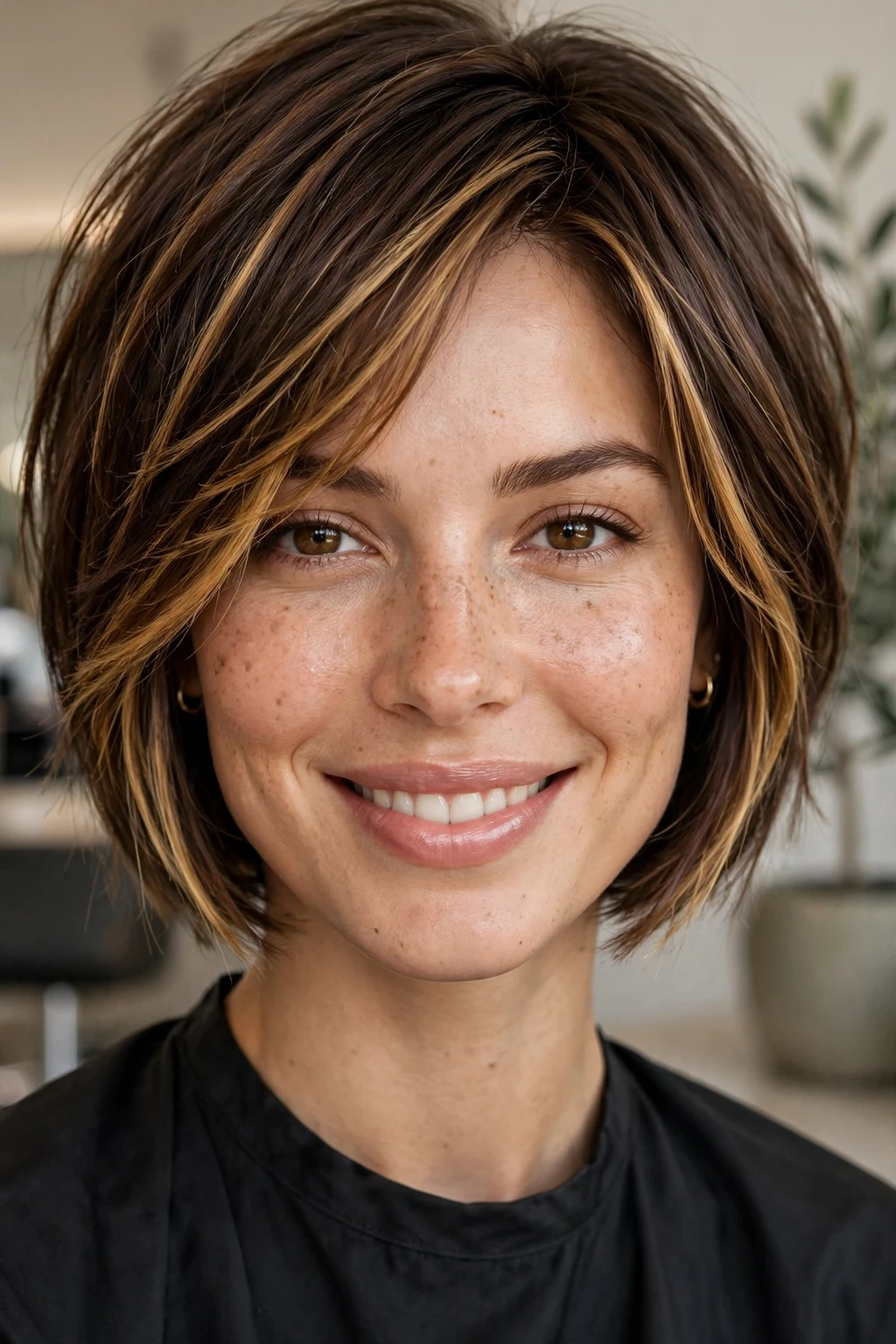 Brown Choppy Bob with Golden Highlights