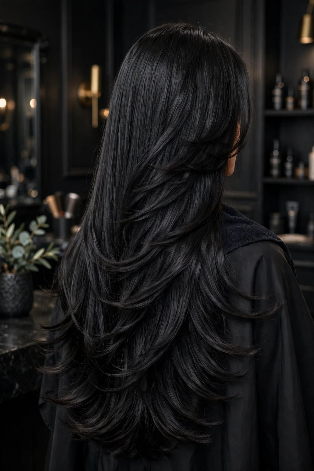 7. Black Hair with Long Flowing Layers