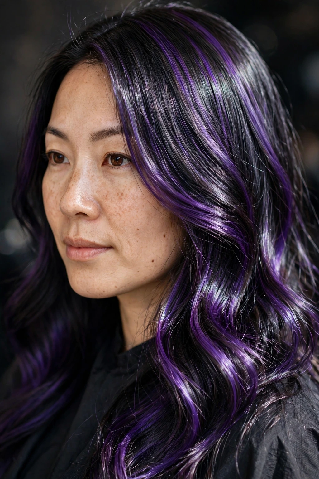 Spring Hair Color Trends: 25 Chic Ideas to Try 20 18. Shiny Purple Highlights on Black Hair