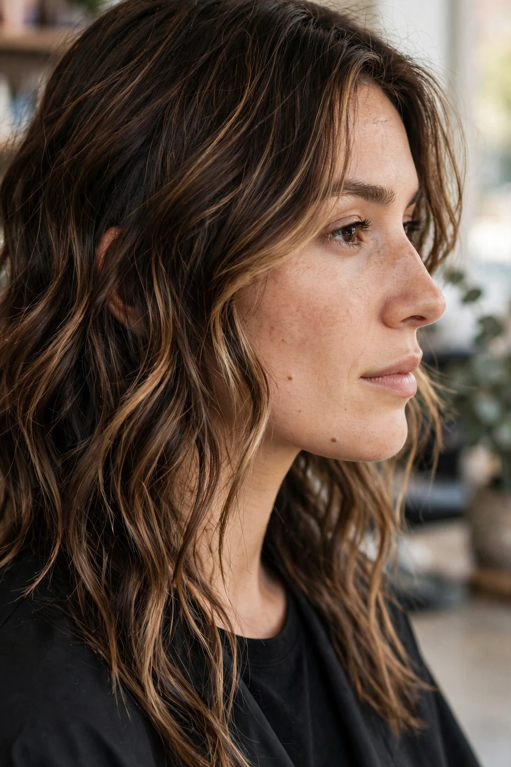 2. Tousled Dark Brown Locks with Warm Caramel Streaks