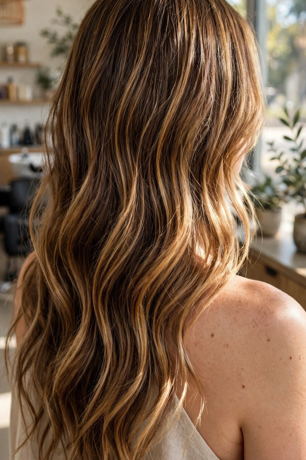 8. Gilded Dark Caramel Highlights with Beachy Waves
