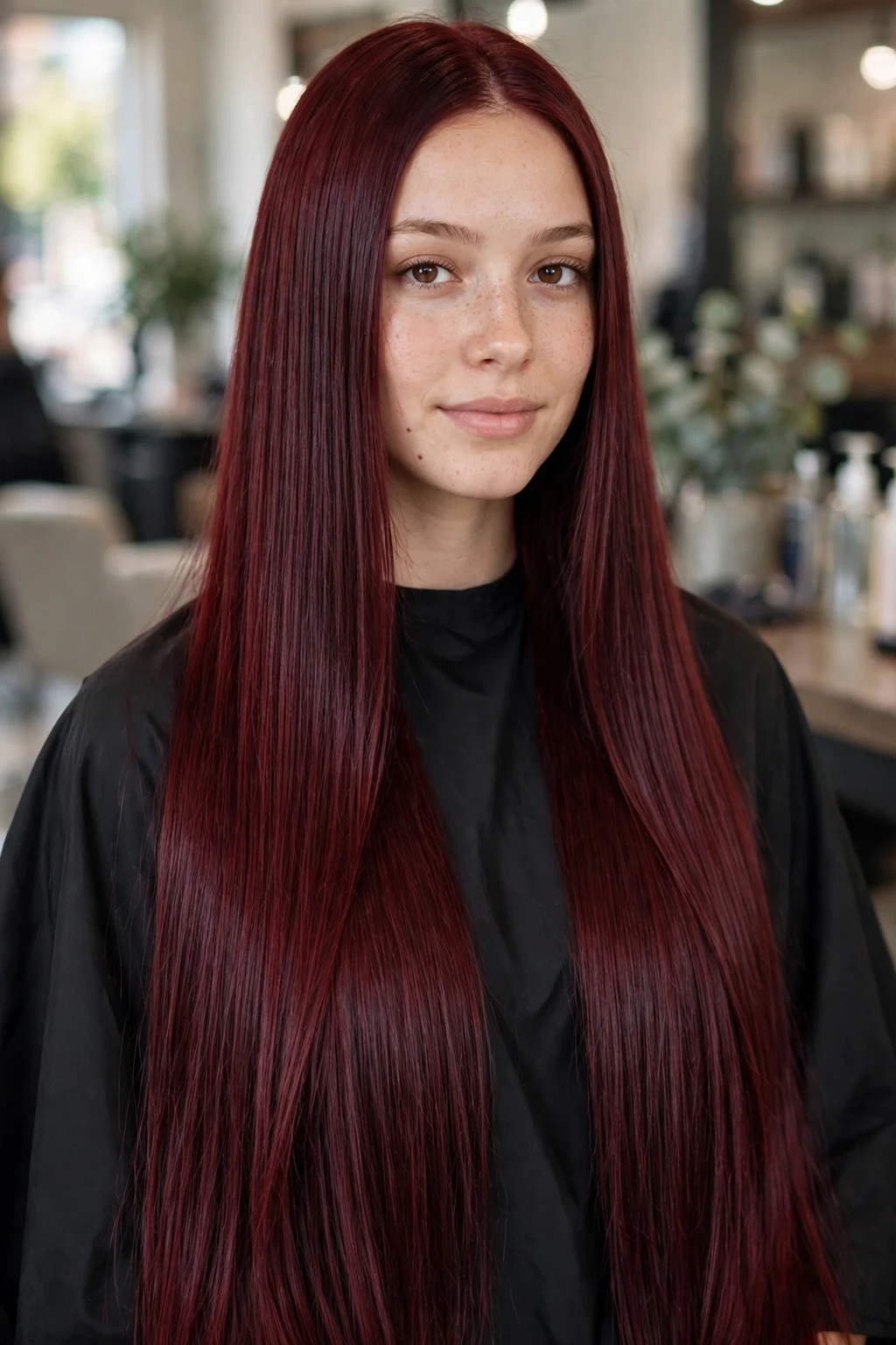 Cherry Bomb Hairstyles: 15 Chic Ideas to Try in 2026 8 6. Sleek Long Cherry Burgundy Hair