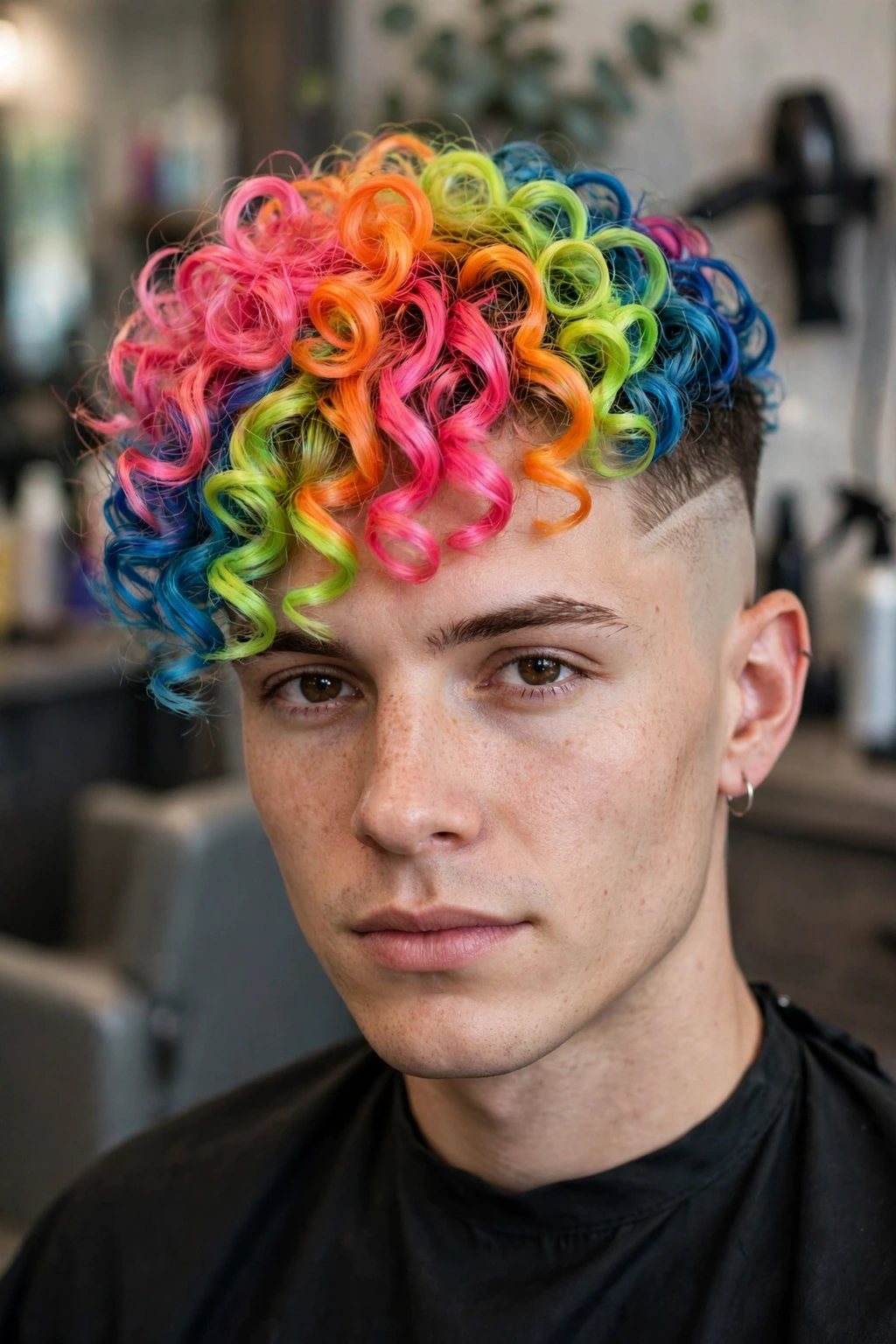 20 Unique Funny Hairstyles to Try in 2026 5 3. Rainbow Rave: Neon Curls on a Clean Shave