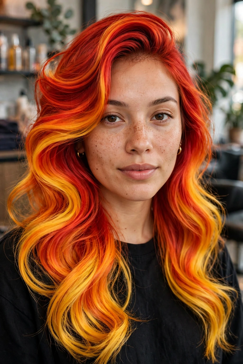 20 Unique Funny Hairstyles to Try in 2026 7 5. Sunset Blaze: Red, Orange, and Yellow Swirl