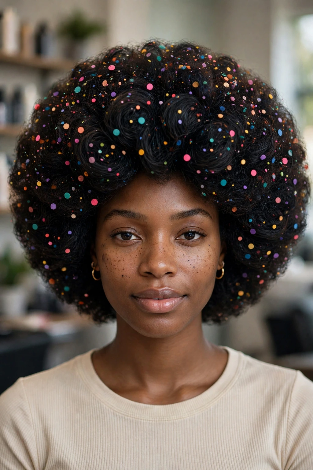 20 Unique Funny Hairstyles to Try in 2026 17 15. Polka-Dot Fro: Big Hair Hide-and-Seek