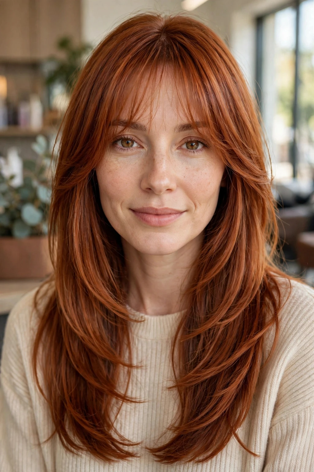 1. Long Copper Layers With Airy Wispy Bangs