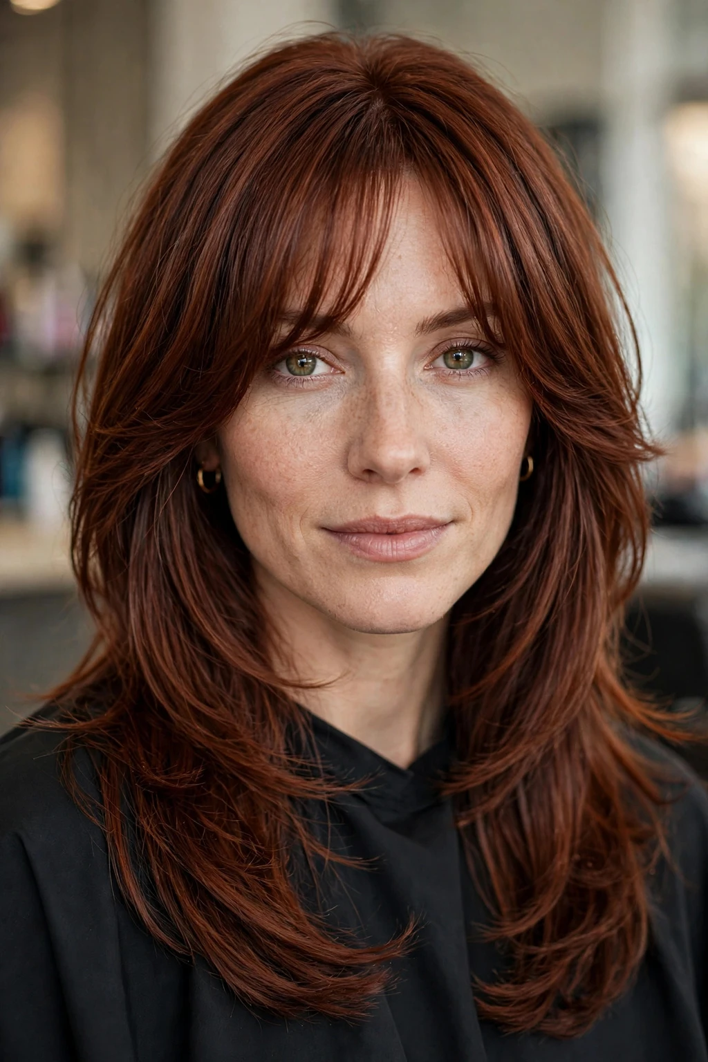 4. Auburn Layers With Face-Framing Wispy Bangs
