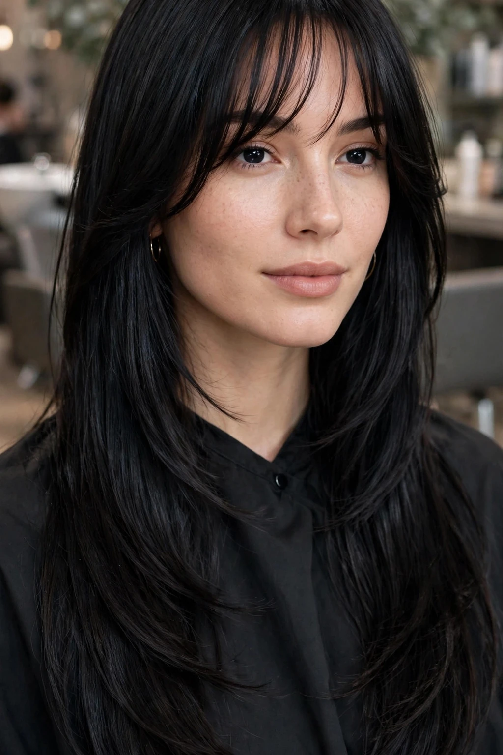 6. Long Jet-Black Layers With Feathered Wispy Bangs