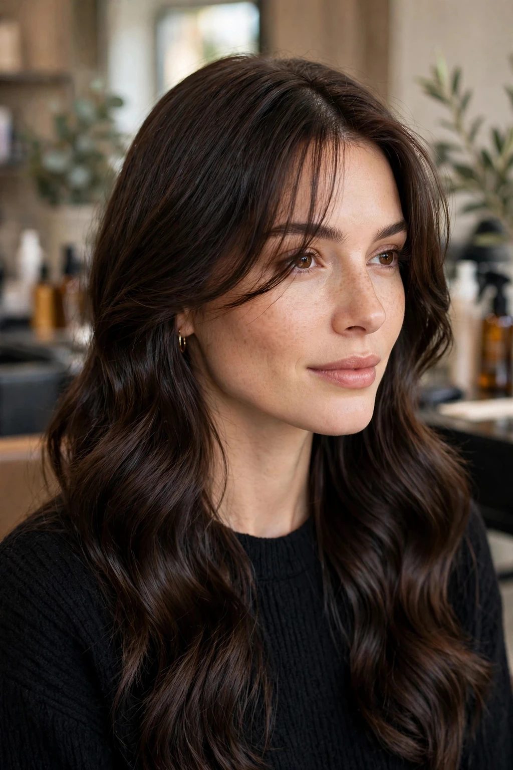 7. Glossy Espresso Waves With Peekaboo Wispy Bangs