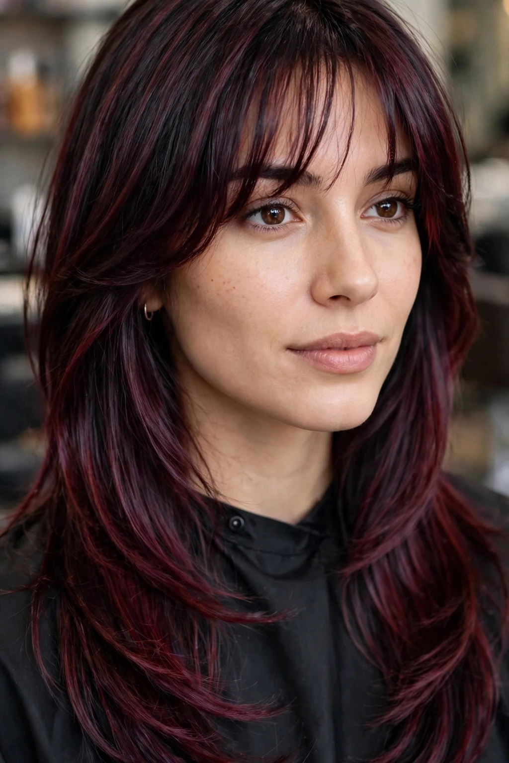 9. Dark Plum Layers With Wispy Bangs