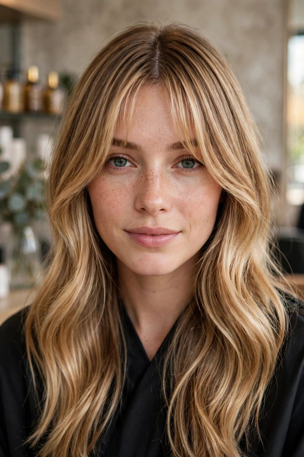 11. Honey Blonde Balayage With Wispy Curtain Bangs