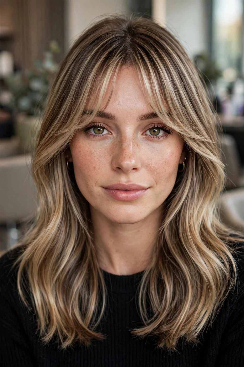 15. Bronde Balayage With Face-Framing Wispy Bangs