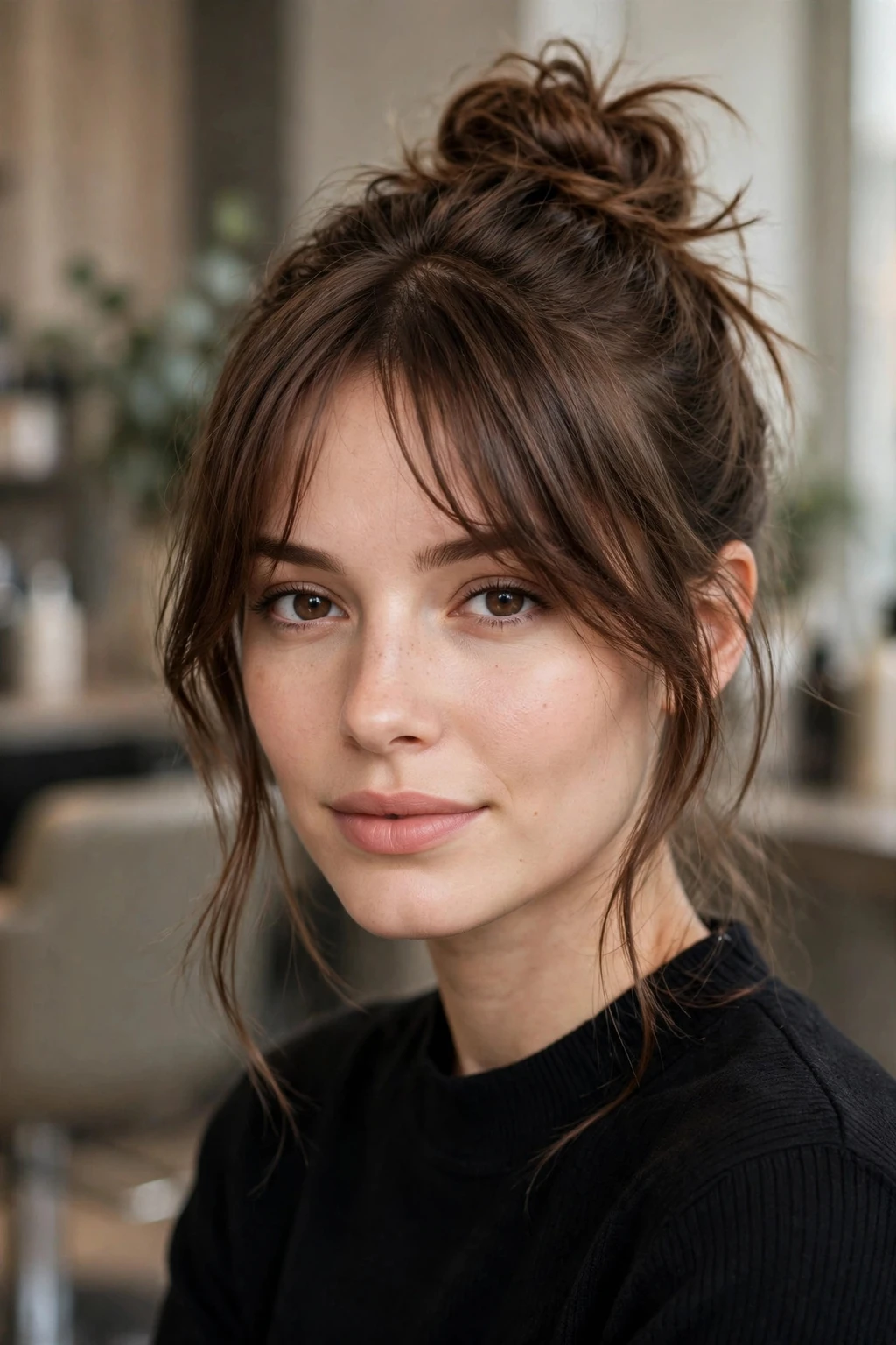 18. Wispy Bangs With a Messy Top Knot