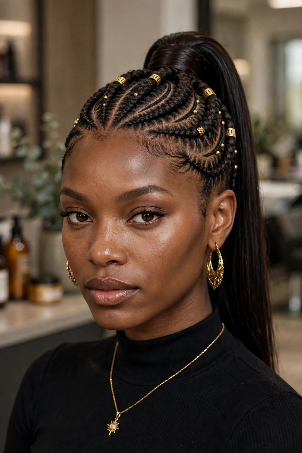 15 Majestic Goddess Cornrows to Try in 2026 10 8. Goddess Cornrows Ponytail With Gold Cuffs