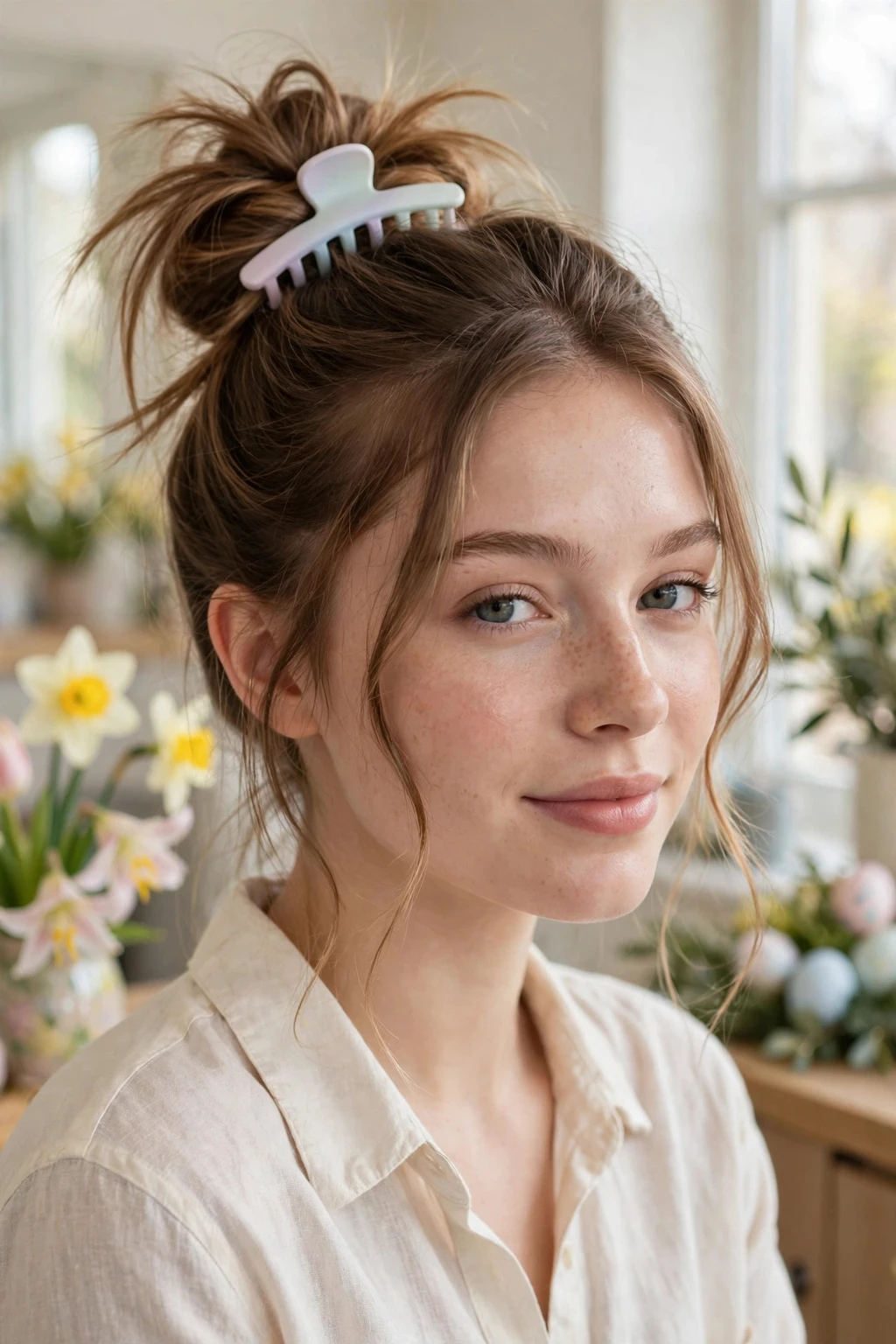 15 Beautiful Festive Easter Hairstyles to Try in 2026 16 14. Clutcher-Secured High Messy Bun