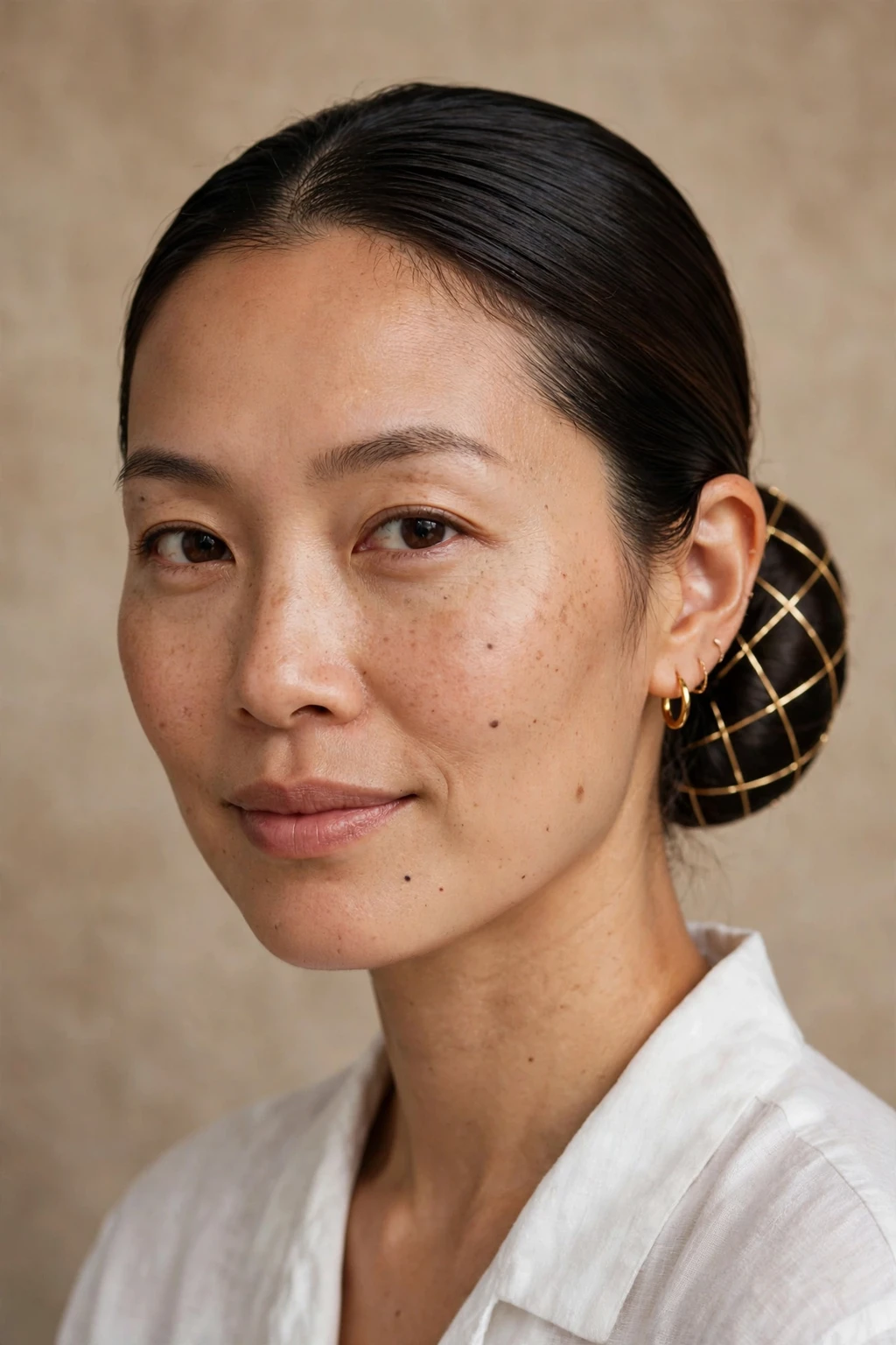 8. Chic Low Bun with Gold Crisscross Pins