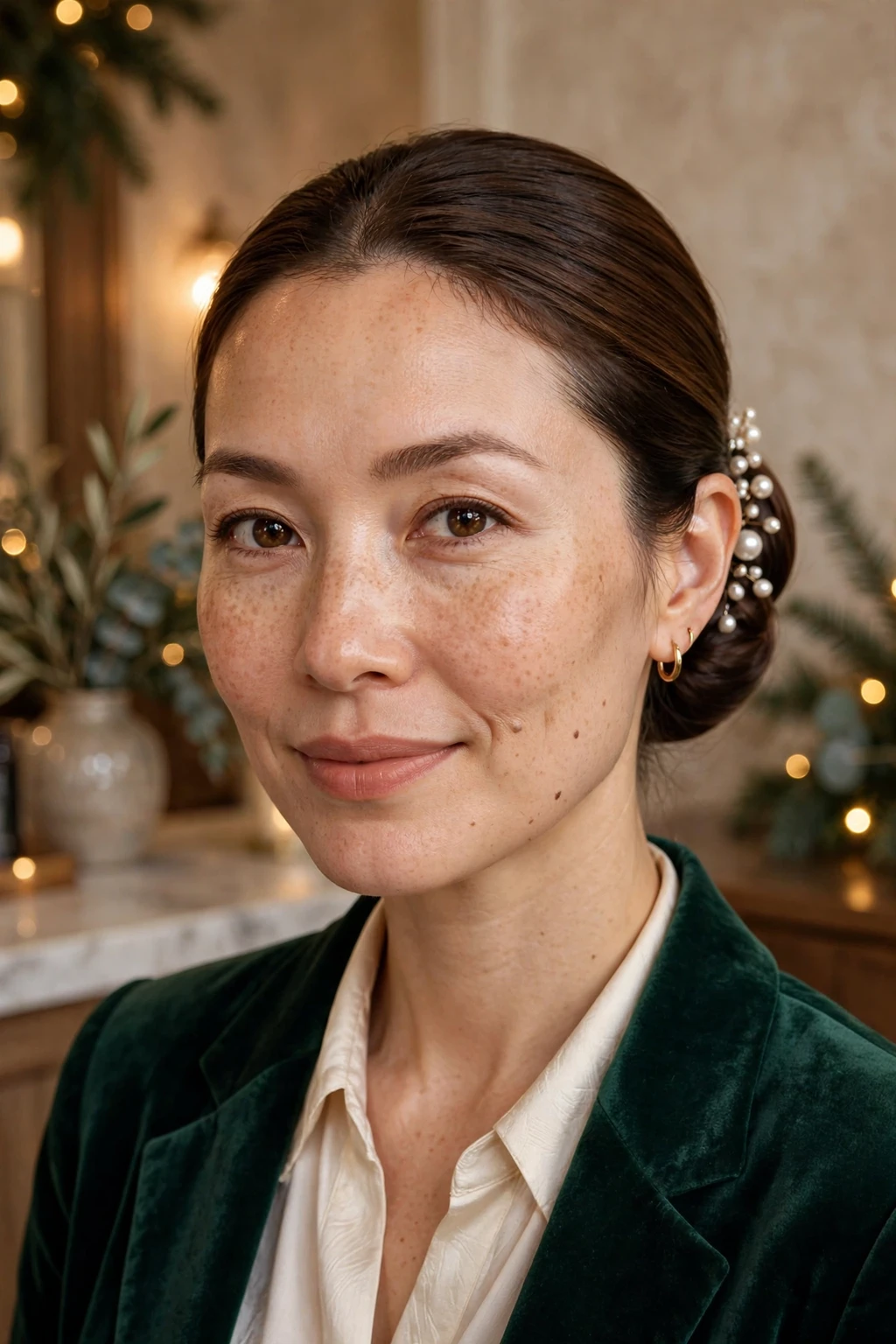10. Sleek Pearl-Adorned Low Bun
