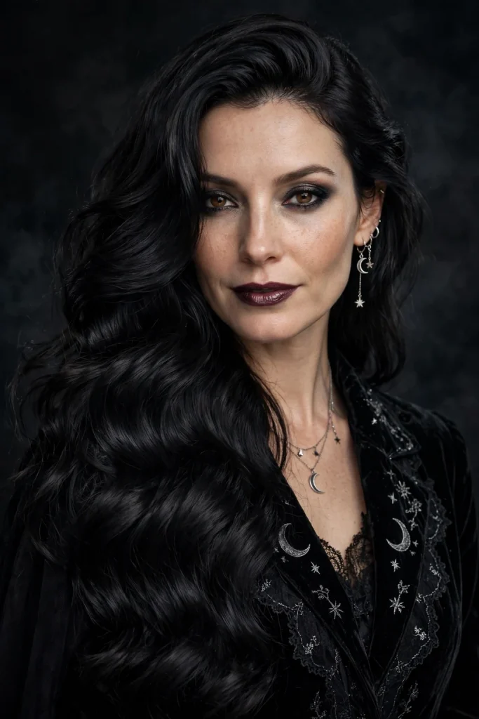 22 Halloween Hairstyles to Try in 2026 3 1. Midnight Black Waves with a Witchy Side Part