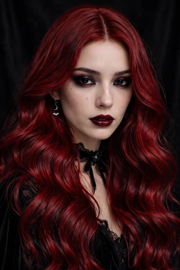 22 Halloween Hairstyles to Try in 2026 4 2. Blood-Red Mermaid Waves